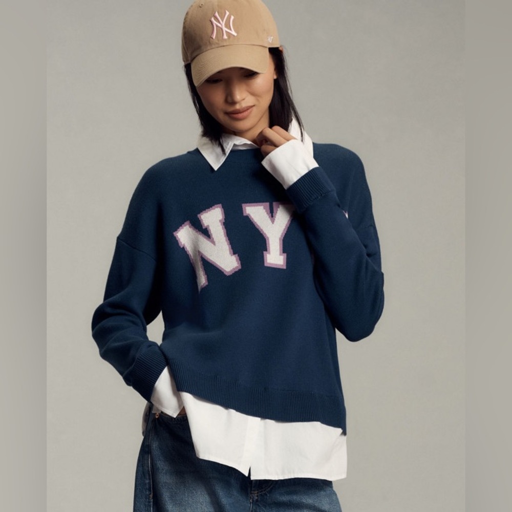 Maeve Anthropologie NYC Graphic Twofer Sweater Shirt Oversized Blue Size S